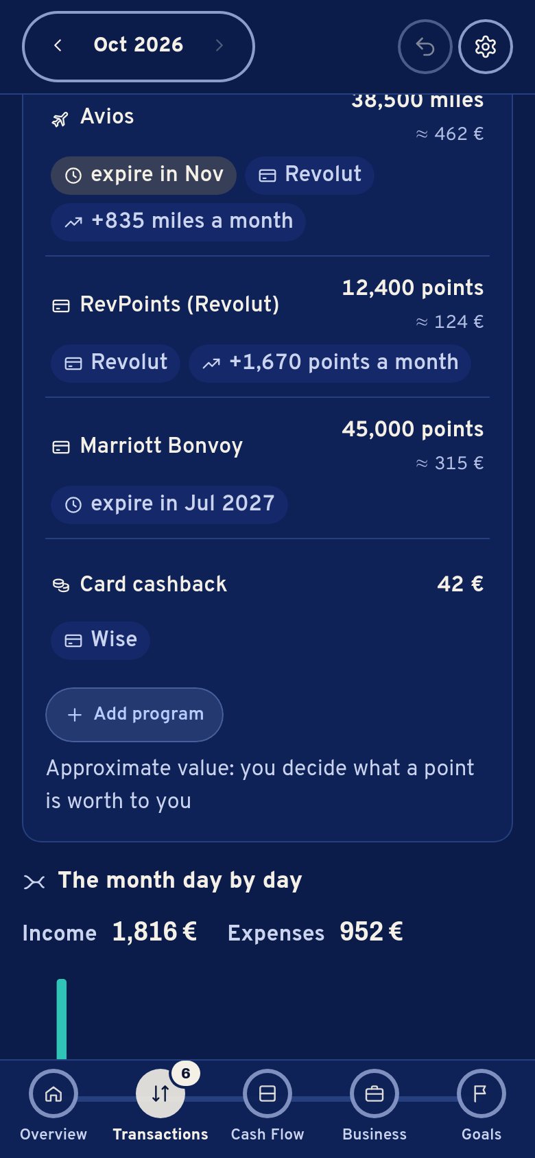 Points and miles on a phone: Avios 38,500 miles about 462 €, expiring in November; RevPoints, Marriott Bonvoy, card cashback.