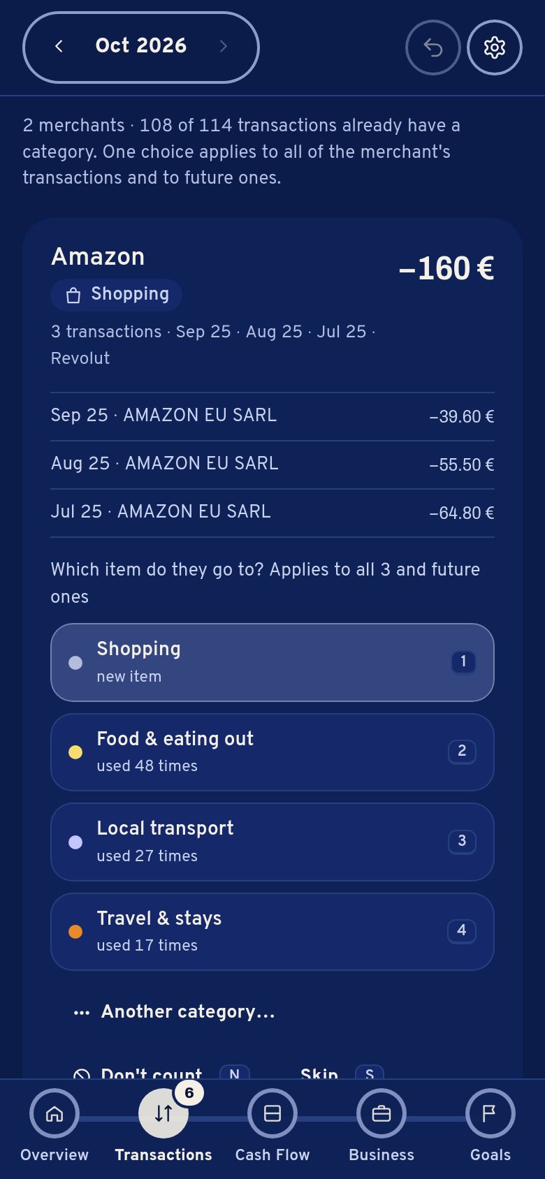 Sort mode: Amazon, three transactions, with the suggested items to assign them to.